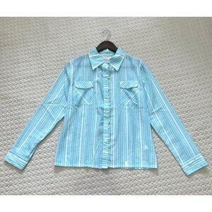 NWT Cinderella Women's Blue Striped Ruffled Long-Sleeved Shirt Size L cotton